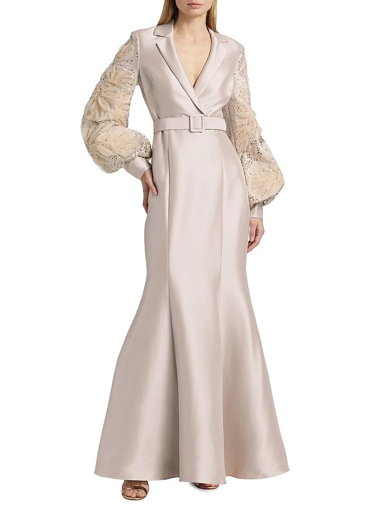 Badgley Mischka Beaded Tulle-Sleeve Blazer Mermaid Gown 2