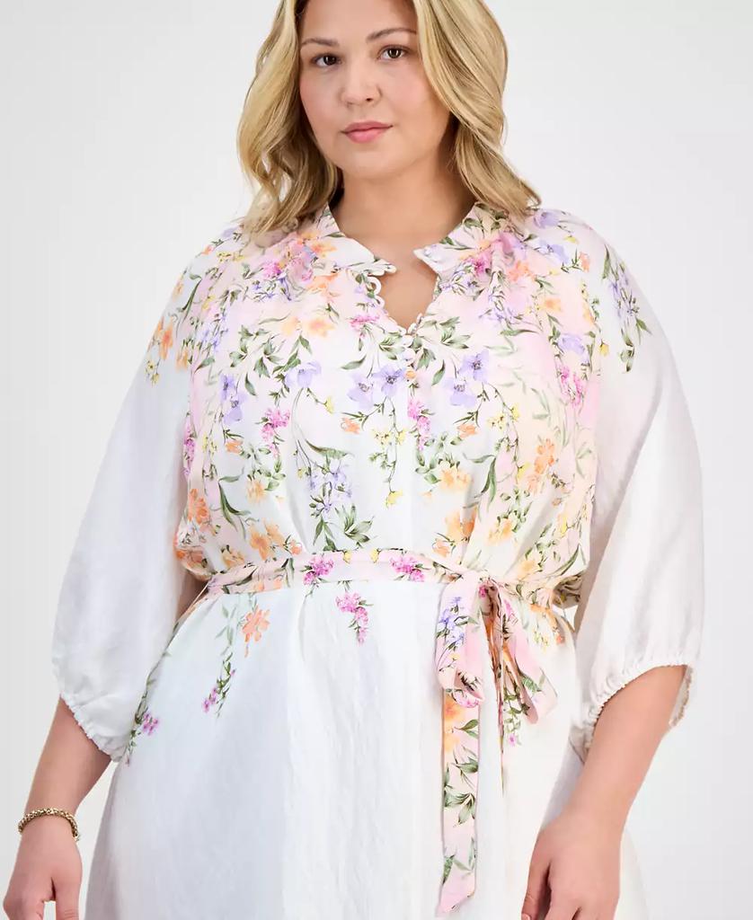 Sandra Darren Plus Size Placed-Floral Tie-Waist Shift Dress