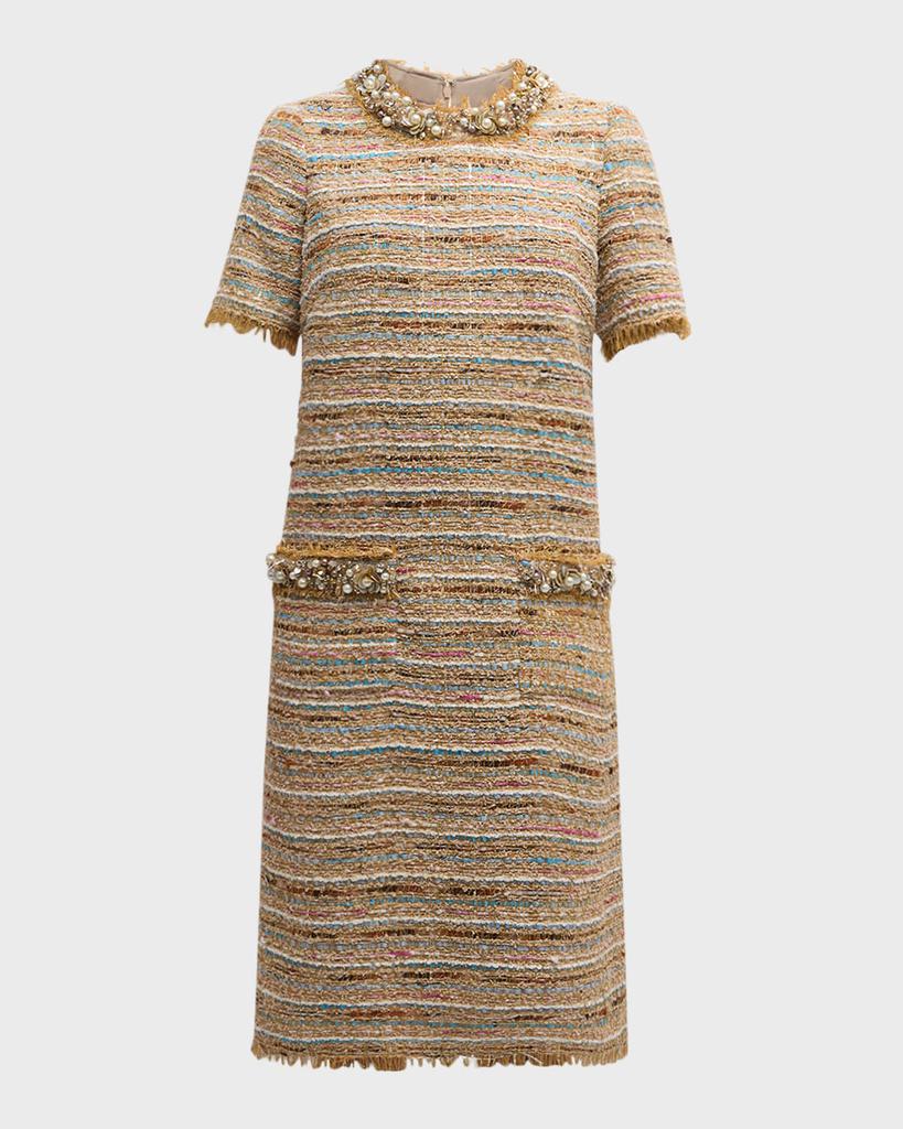 Rickie Freeman for Teri Jon Beaded Fringe-Trim Tweed Midi Dress