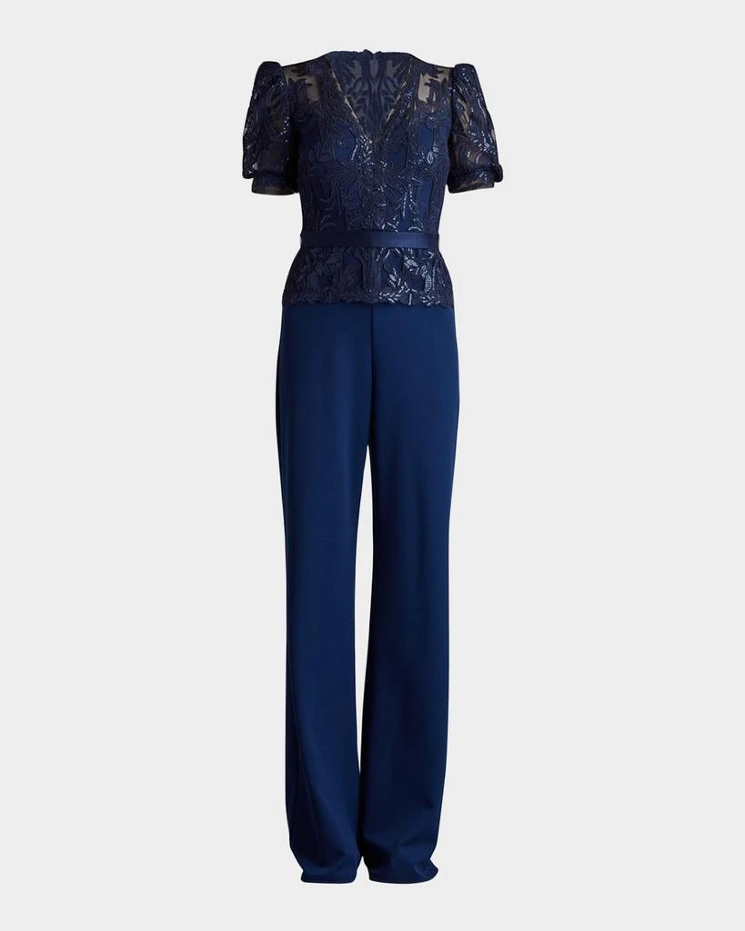 Tadashi Shoji Sequined Lace Crepe V-Neck Jumpsuit