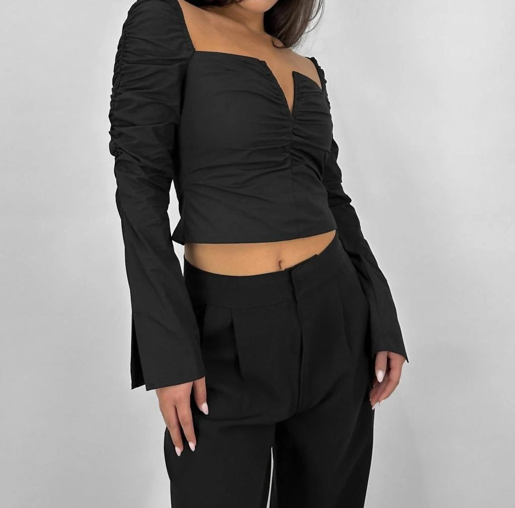 beige botany Beige Botany - Ruched Long Sleeve V Neck Top 2