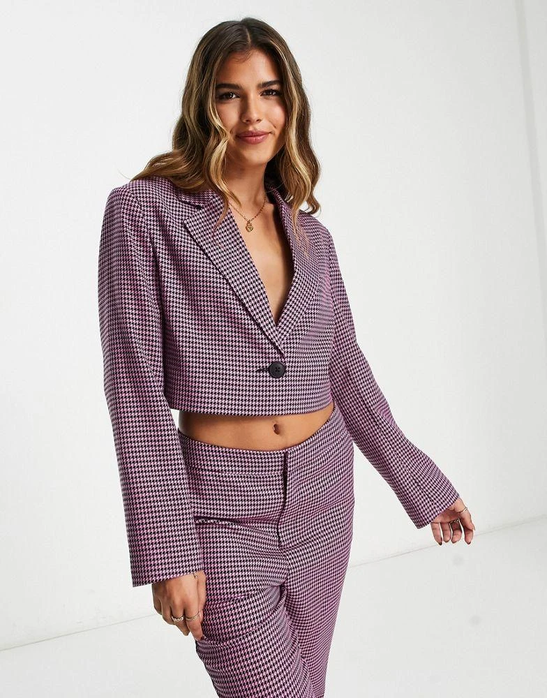 Stradivarius Stradivarius boucle blazer in purple & black check co-ord 3