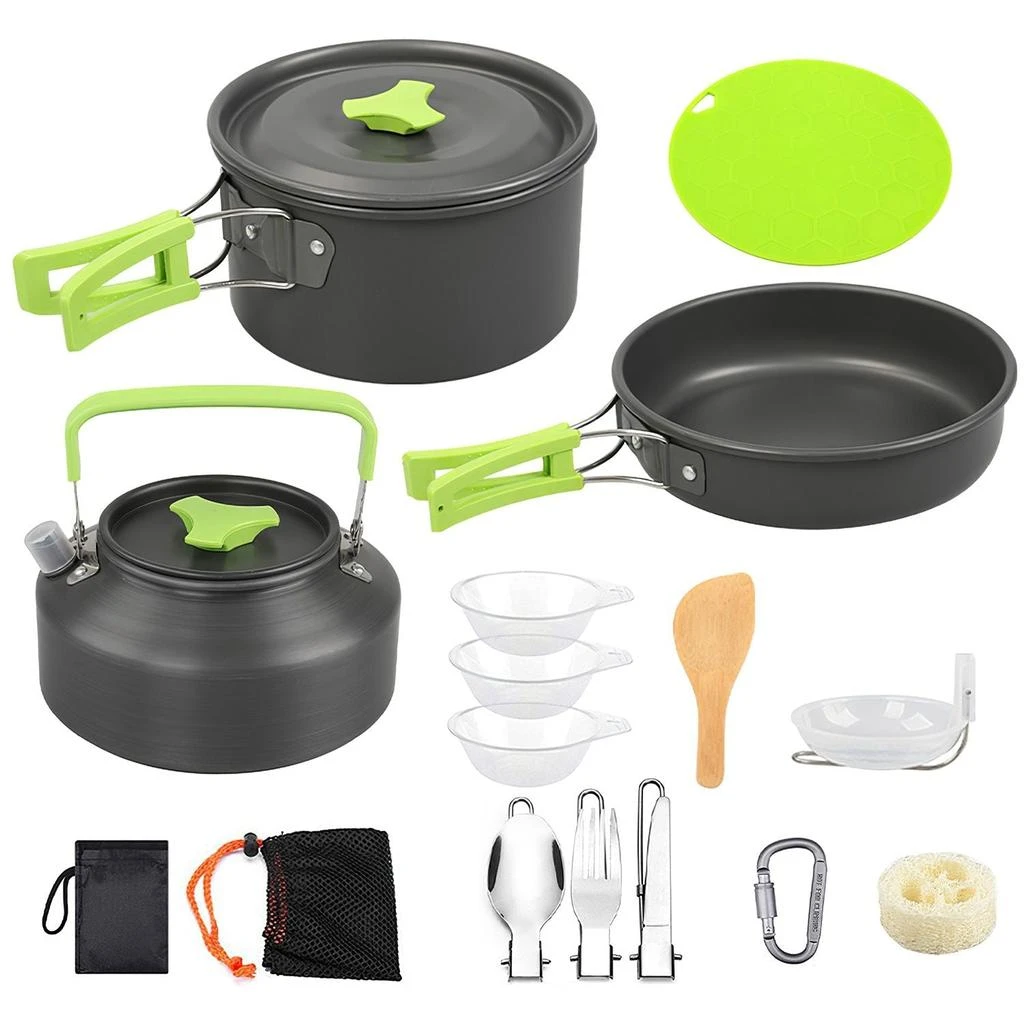 OUTVEKTOR 16Pcs Camping Cooking Ware Set Camping Stove Cookware Kit Aluminum Pot Pan Kettle Set with Bowls Knife Fork Spoon Carabiner Spatula Cutting Board for Hiking Picnic Outdoor