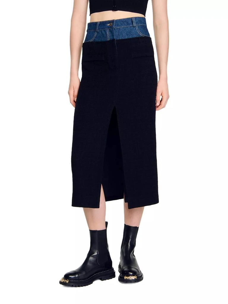 Sandro Dual-Material Denim and Tweed Skirt 4
