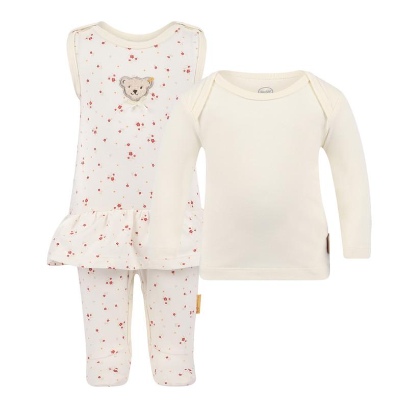 Steiff Floral print ruffled onesie and long sleeved tee set in white
