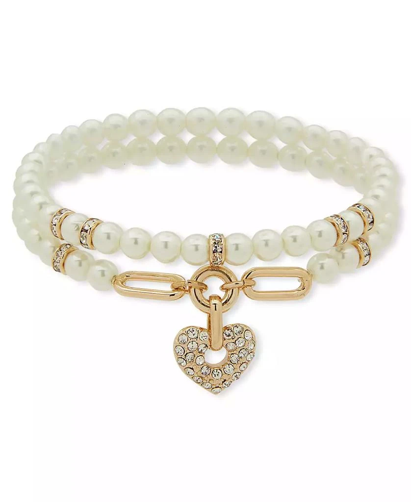 Anne Klein Imitation Pearl 2-Row Heart Stretch Bracelet