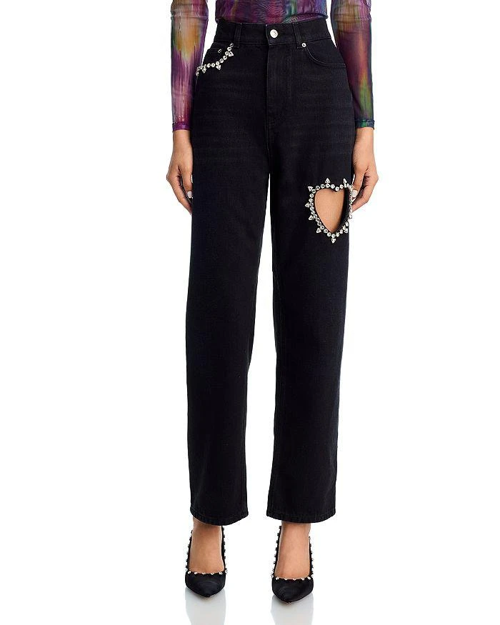 AREA Crystal Heart High Rise Straight Leg Jeans in Black