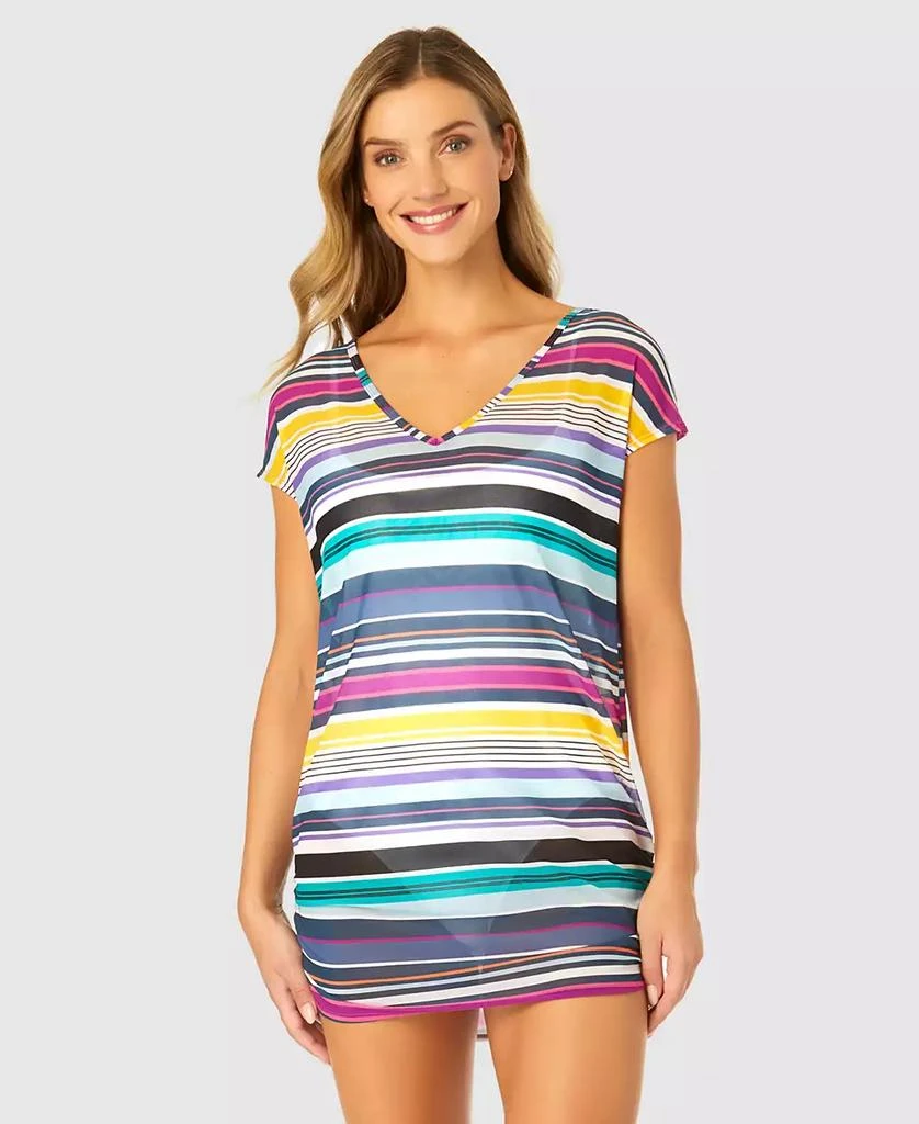 Anne Cole Women's Barcode Stripe Mesh T-Shirt Swim Cover-Up 1