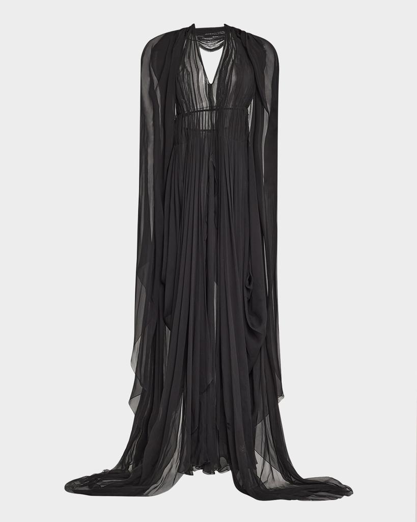 Alberta Ferretti Organic Chiffon Cape-Sleeve Backless Gown