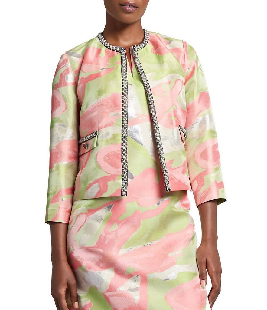 MING WANG Ming Wang - Printed Jacquard Round Neck 3/4 Sleeve Peral Trim Jacket