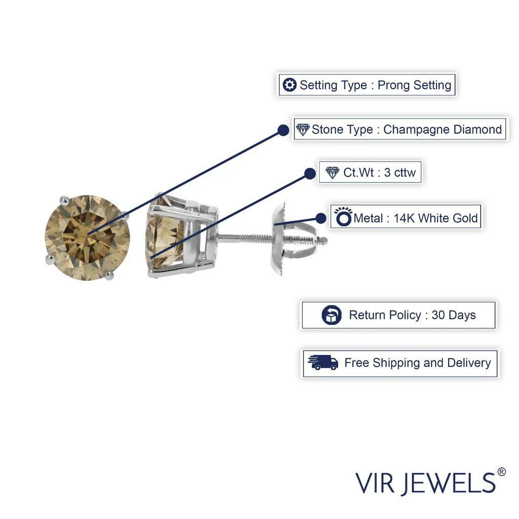 Vir Jewels 3 cttw IGI Certified I1 Champagne Diamond Stud Earrings 14K White Gold Round with Screw Backs 2