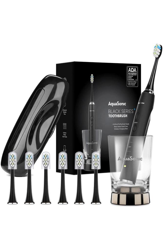 AquaSonic Black Series+ - Ultra Whitening 40,000 VPM Rechargeable Electric Toothbrush - ADA Accepted - Wireless Charging Glass - 6 Proflex Brush Heads & Travel Case – 4 Modes & Smart Timer -Sonic