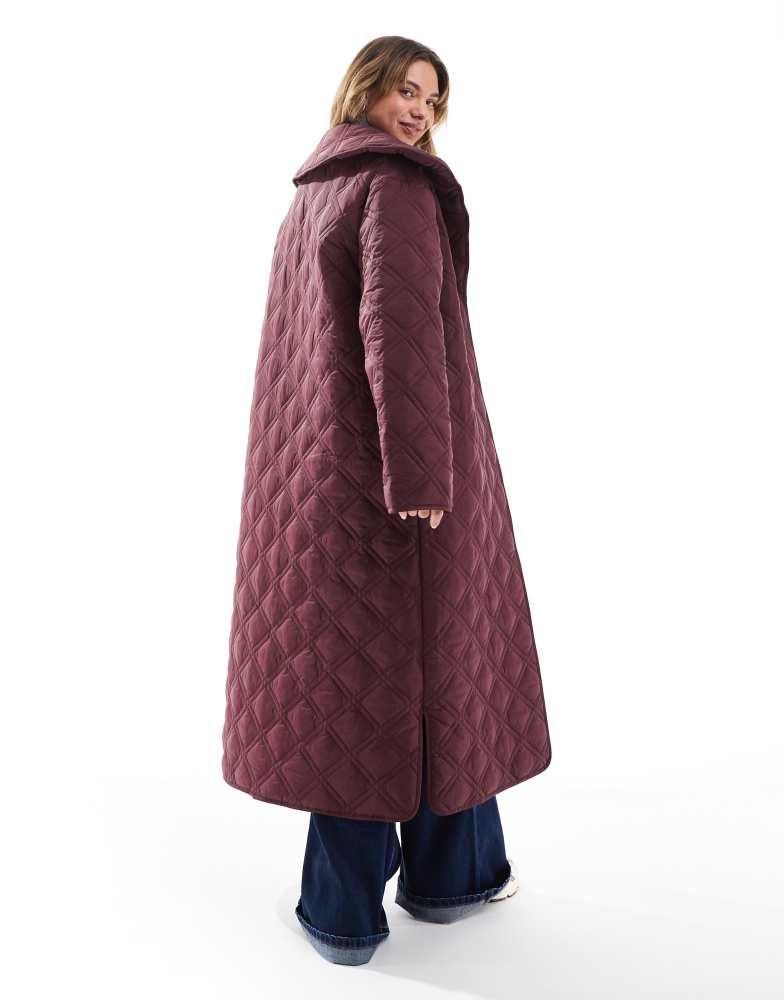 ASOS ASOS DESIGN waterfall collar quilt longline coat in burgundy