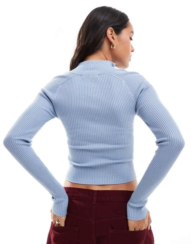 Pull&Bear Pull&Bear ribbed zip through jumper with stripe detail in blue 3