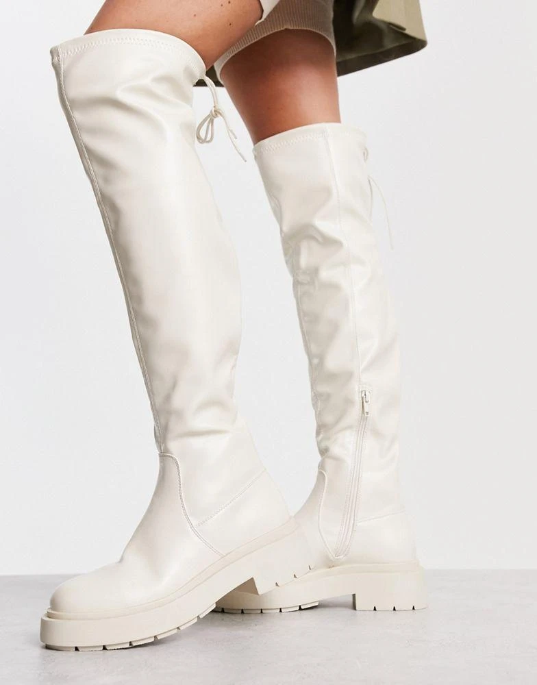 New Look New Look over the knee chunky stretch flat boots in white 4