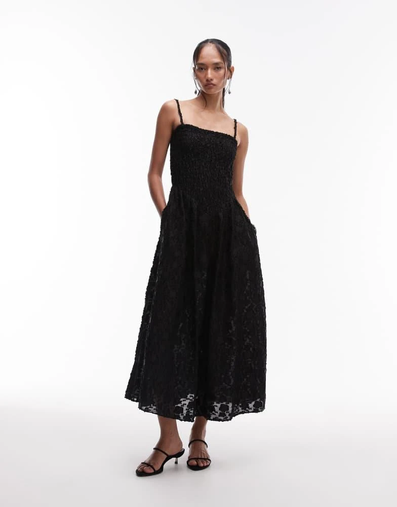 & Other Stories 3D floral midi dress with V-drop waist in Black & Other Stories 3D floral midi dress with V-drop waist in Black