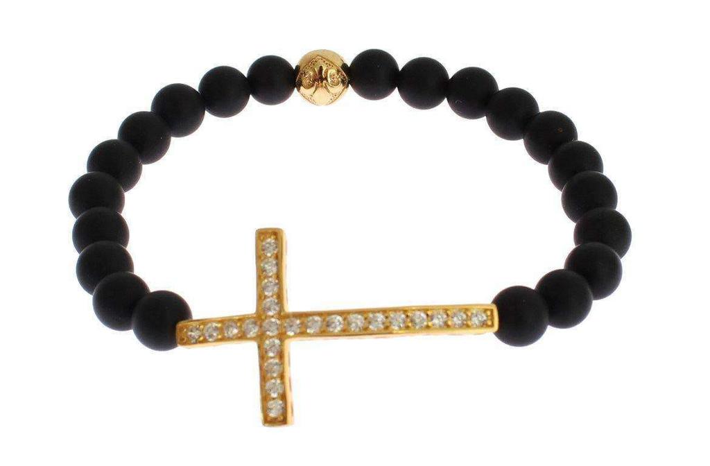 Nialaya Nialaya Matte Onyx Stone Gold CZ Cross 925 Silver Bracelet