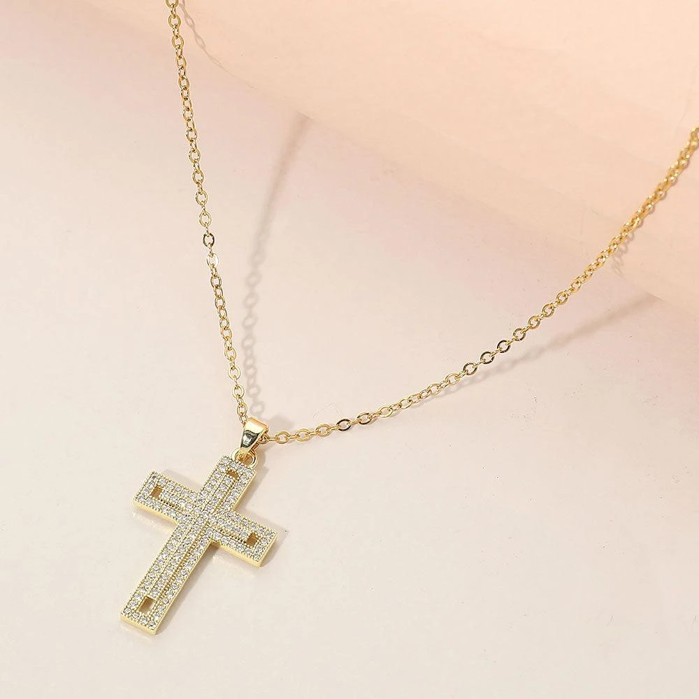 FASHNZFAB Stainless Steel CZ Stone Paved Cross Pendant Necklace