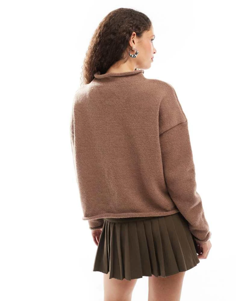 Daisy Street Daisy Street swan roll neck crop boxy knit  in brown 4