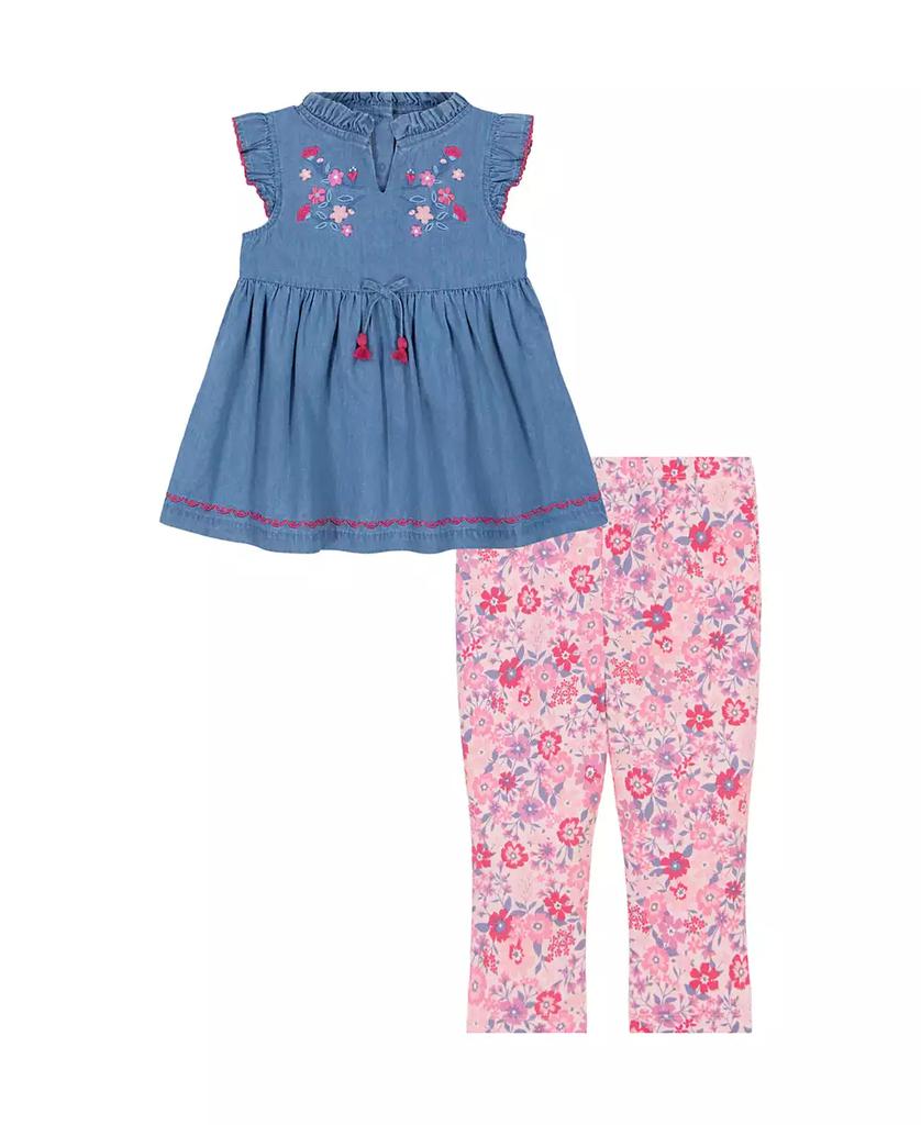 KIDS HEADQUARTERS Toddler and Little Girls 2-Piece Embroidered Trim Chambray Tunic Top and Floral Capri Leggings Set