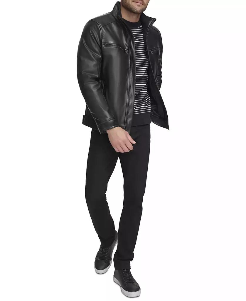 Men Calvin Klein Faux Leather Solid 2024 Black Long Sleeve Jacket Full Zipper