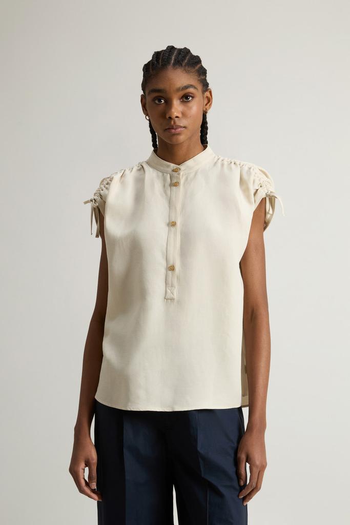 Woolrich Linen-Blend Blouse with Band Collar - Women - Beige