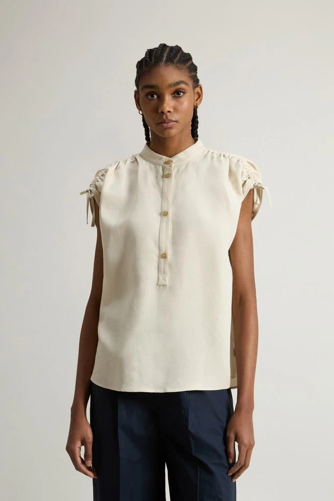 Woolrich Linen-Blend Blouse with Band Collar - Women - Beige 1
