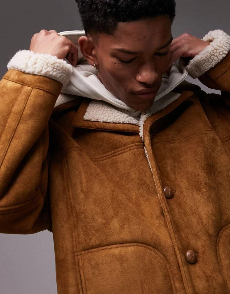 Topman Topman faux shearling coat in tan 3