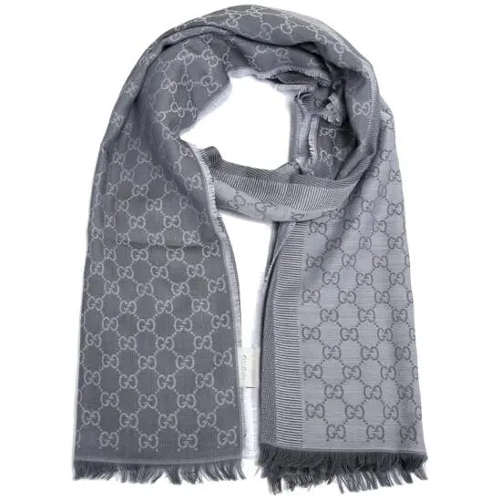 Gucci Gucci - Light Grey GG Monogram Webbing Reversible Wool and Silk Blend Scarf