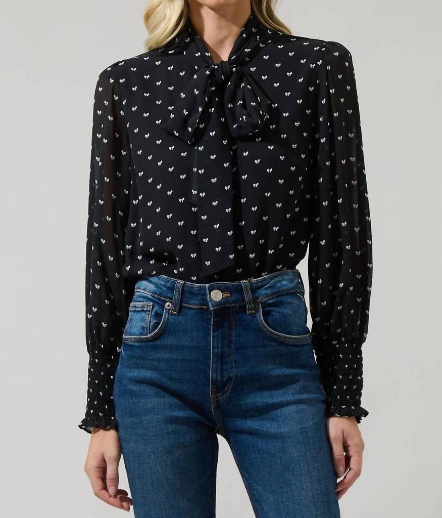 Sugarlips Rosaly Bow Etienne Tie Neck Long Sleeve Blouse In Black/white