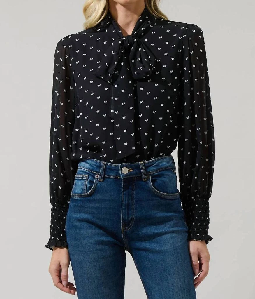 Sugarlips Rosaly Bow Etienne Tie Neck Long Sleeve Blouse In Black/white 1