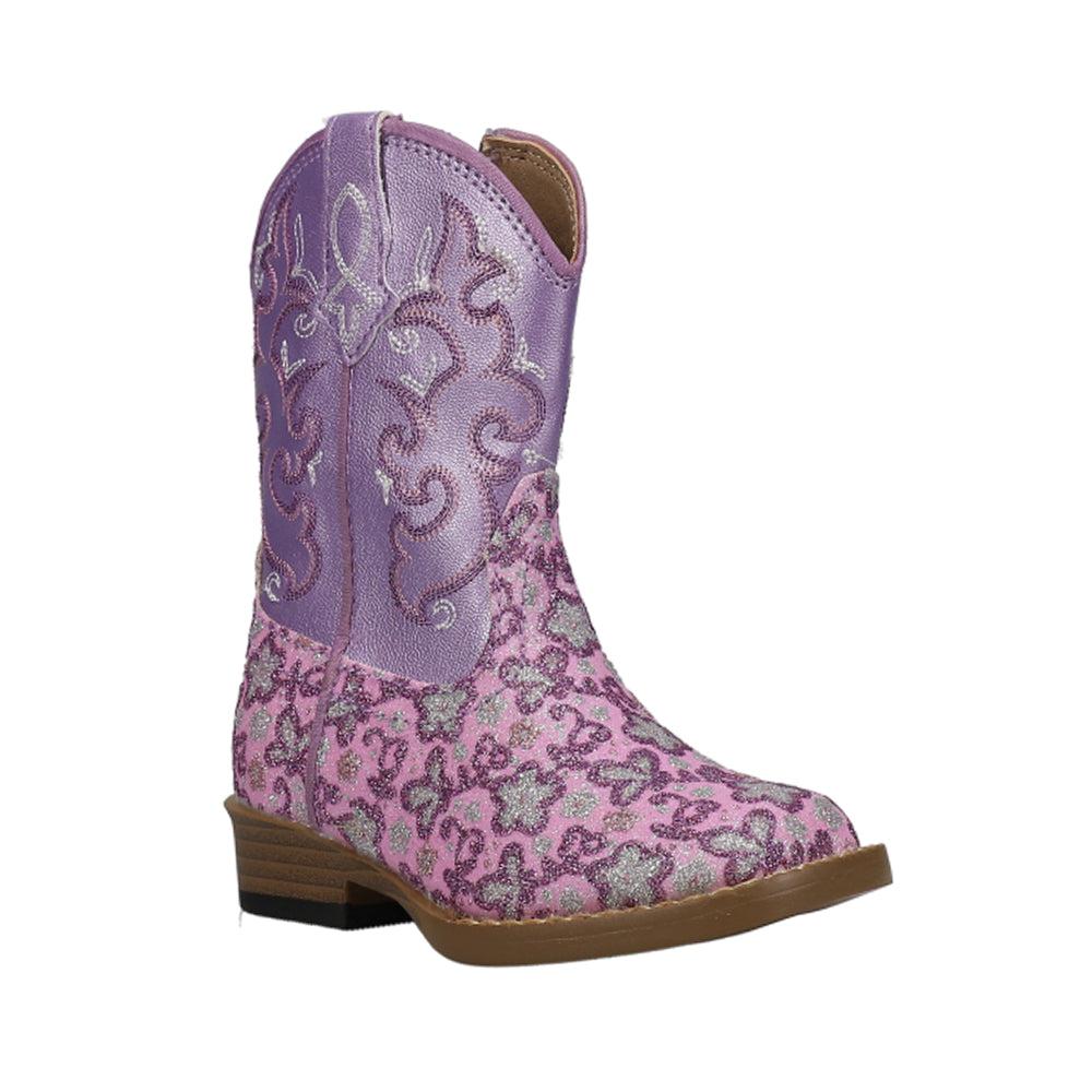 Roper Lavender Glitter Floral Square Toe Cowboy Boots (Toddler)