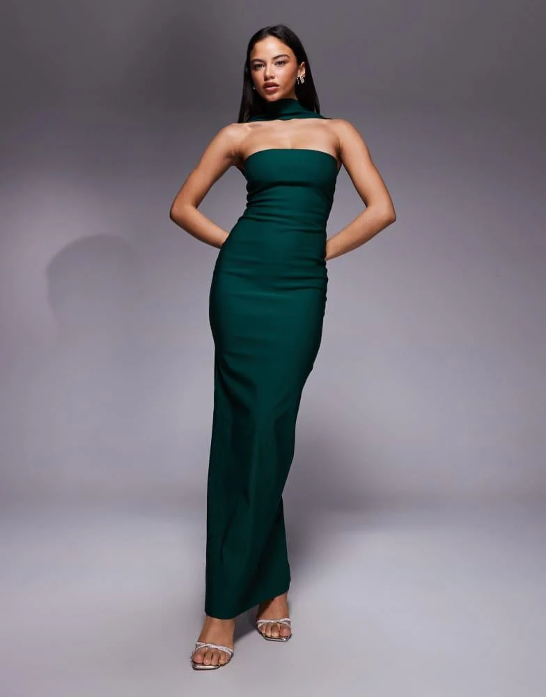Vesper bengaline bandeau choker detail back button detailing maxi dress in forest green Vesper bengaline bandeau choker detail back button detailing maxi dress in forest green