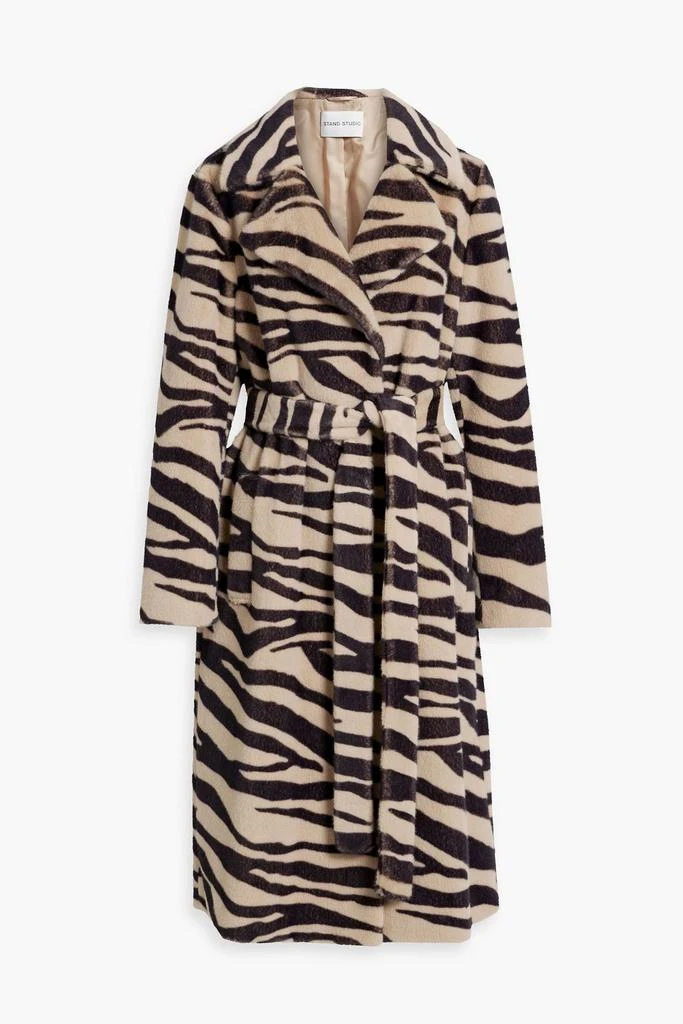 STAND STUDIO Winnie belted zebra-print faux fur coat 1