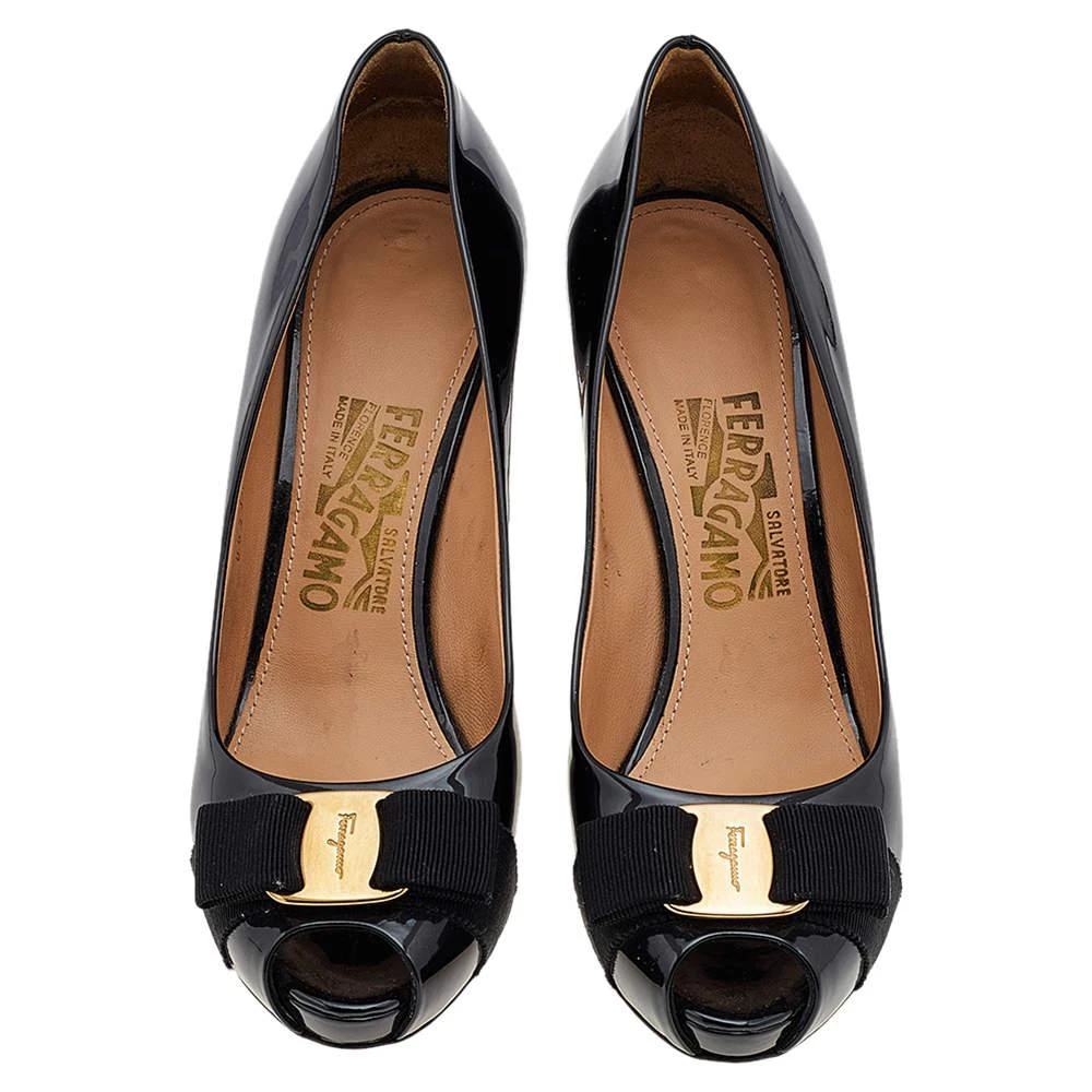 Salvatore Ferragamo Salvatore Ferragamo Black Patent Leather Vara Bow Peep Toe Pumps Size 41 3