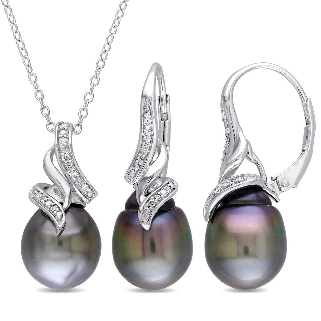 Mimi & Max Women's 2pc Set of 9-9.5mm Black Tahitian Pearl and 1/10ct TW Diamond Vintage Drop Pendant w/ Chain and Leverback Earrings