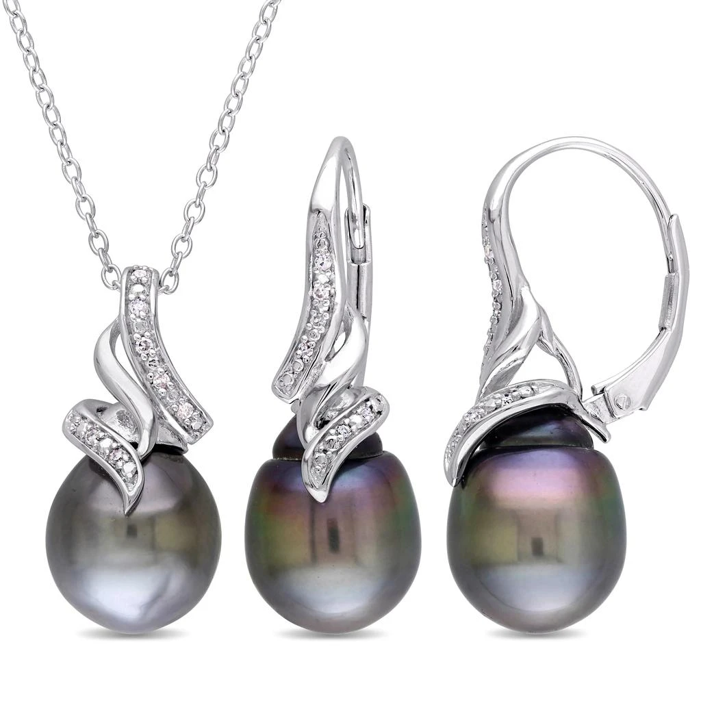 Mimi & Max Women's 2pc Set of 9-9.5mm Black Tahitian Pearl and 1/10ct TW Diamond Vintage Drop Pendant w/ Chain and Leverback Earrings 1