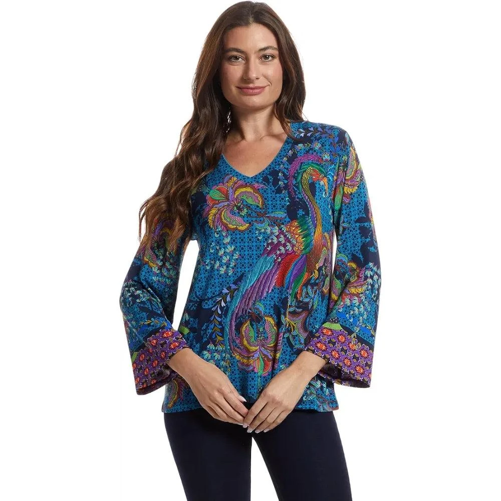 Johnny Was Women's Mixed Media Long Sleeve Tee - Floral Embroidery Puff Sleeve Top