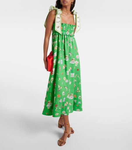 Alémais Shirred printed linen midi dress