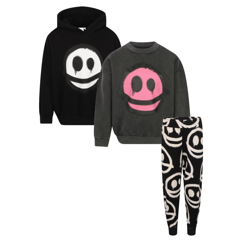 Little Man Happy Happy sad organic hoodie sweatshirt and track pants set in vintage grey black white and pink