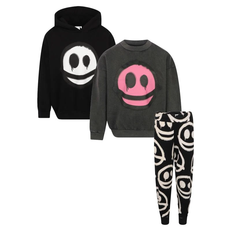 Little Man Happy Happy sad organic hoodie sweatshirt and track pants set in vintage grey black white and pink 1