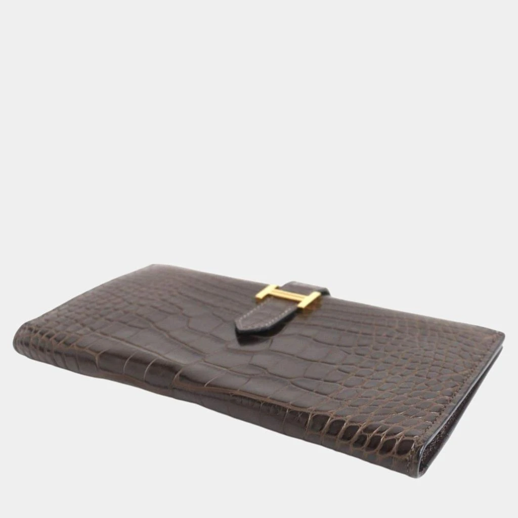 Hermes Hermes Bearn Alligator Leather Bi-fold Wallet Brown Leather 5