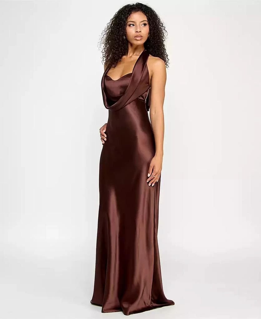KATIA RAE Juniors' Satin Cowl-Neck Halter Gown 3