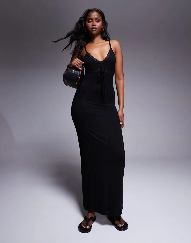 Shop ASOS DESIGN rib cami maxi dress with lace trim in black on