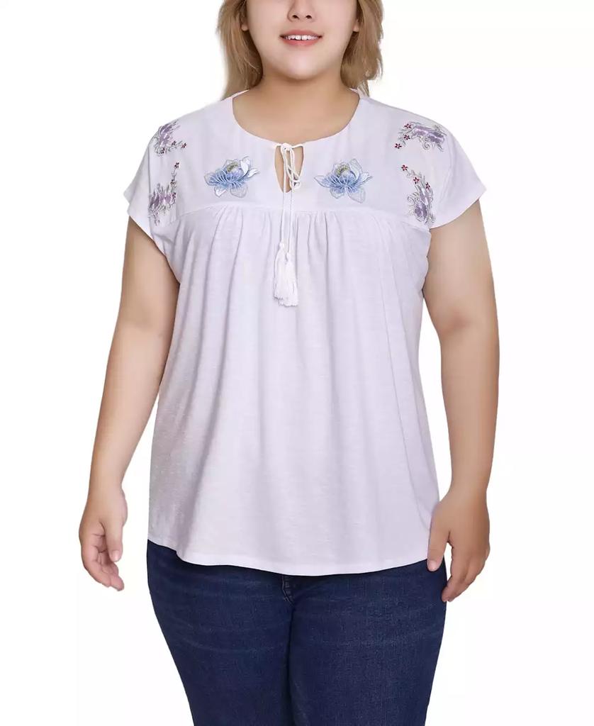NY Collection Plus Size Embroidered Yoke Extended Sleeve Top