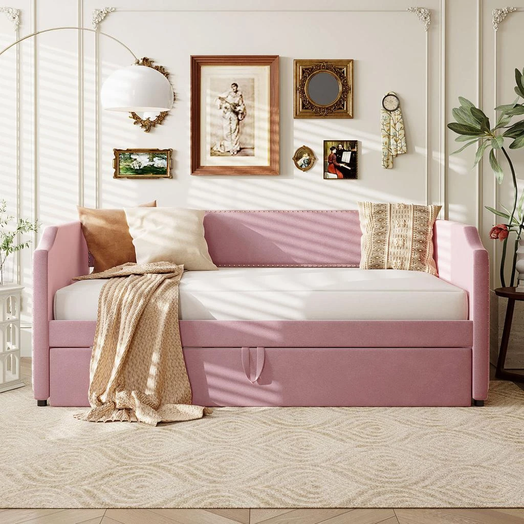 Streamdale Furniture Streamdale Twin Size Velvet Upholstered Daybed with Pop Up Trundle, Pink