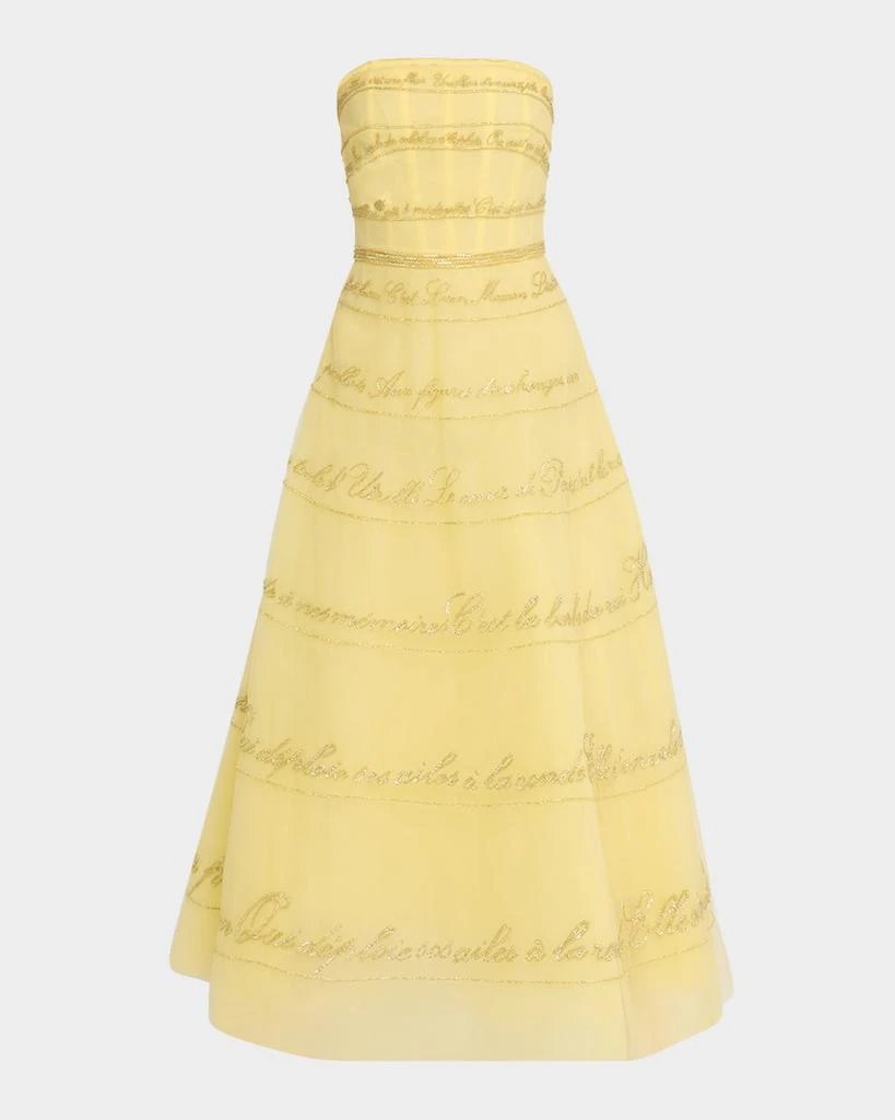 Pamella Roland Strapless Yellow Lyric Embroidered Tulle Ankle Dress 1