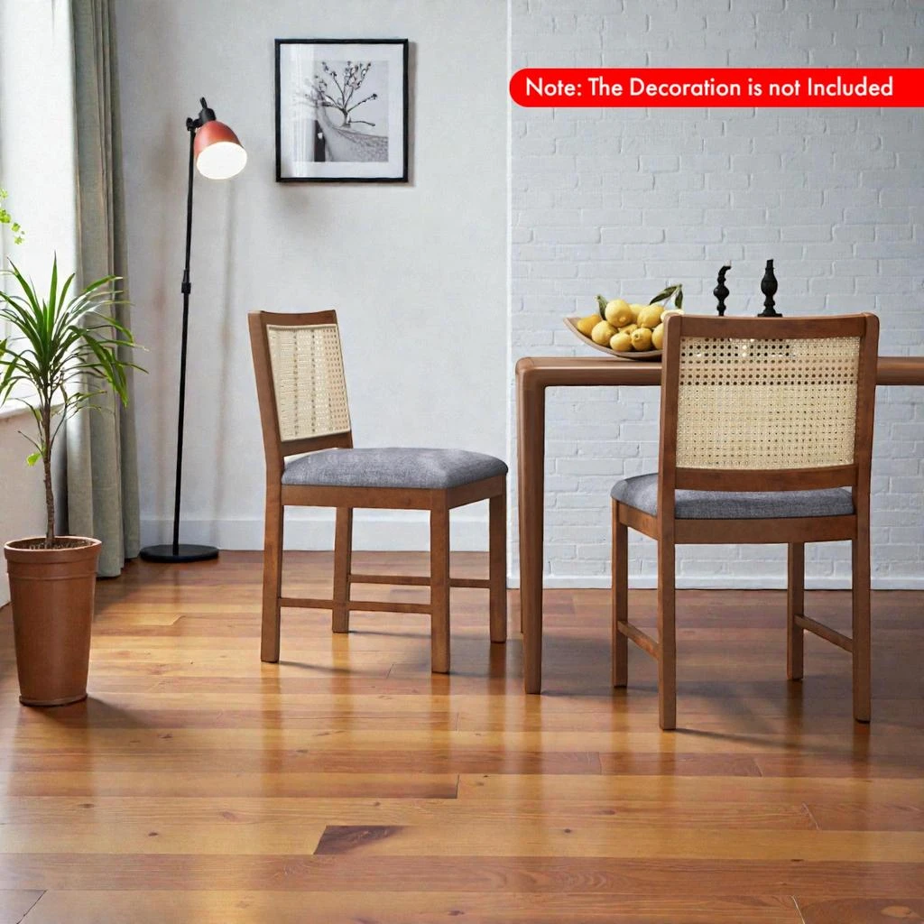 Hivvago Rattan-Accented Dining Chairs in a Set of Two with Rubberwood Frames and Linen Upholstered Seats 2