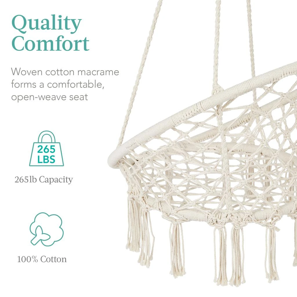 Best Choice Products Handwoven Cotton Macramé Hammock Hanging Chair Swing for Indoor & Outdoor Use w/ Backrest 6