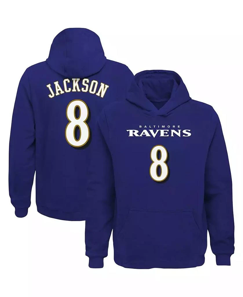 Outerstuff Big Boys Lamar Jackson Purple Baltimore Ravens Mainliner Player Name and Number Pullover Hoodie 1